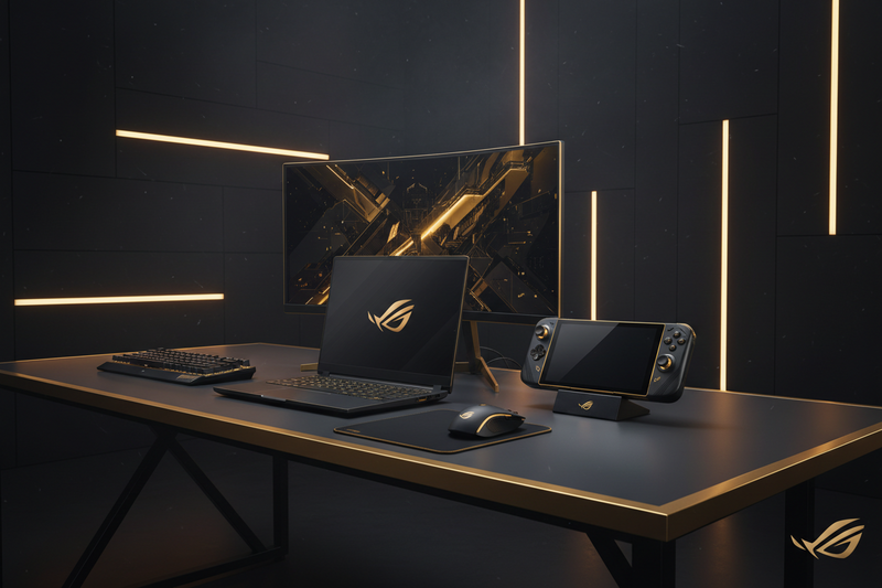 Picture with a laptop and a gaming handheld in black with gold highlights