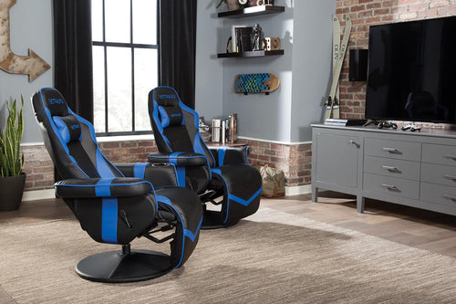 Two black and blue gaming chairs in a room with a TV and shelves.