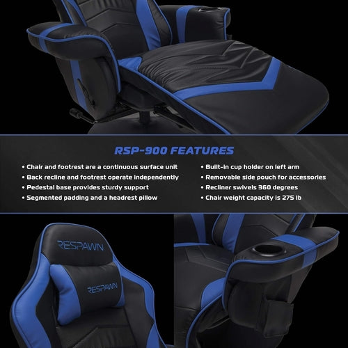Gaming chair with blue and black design, featuring the brand 'Respawn'.