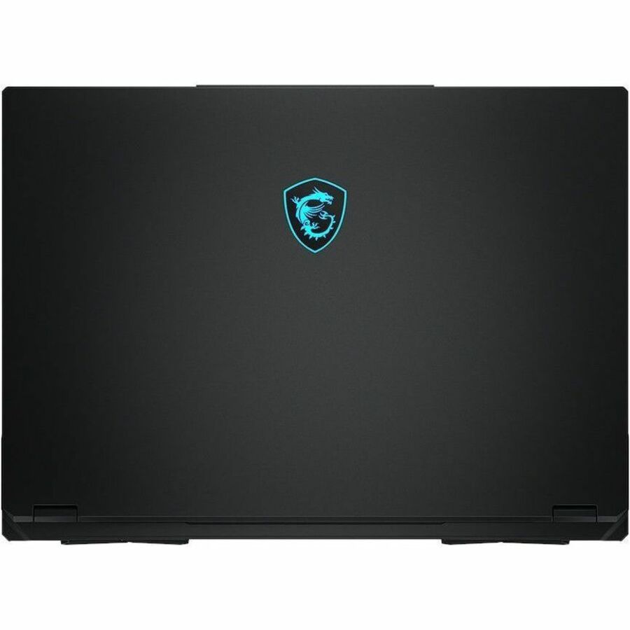 Black laptop with a logo on the lid against a white background