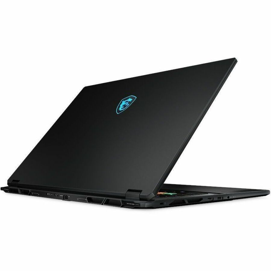Black laptop with a logo on the back cover against a white background