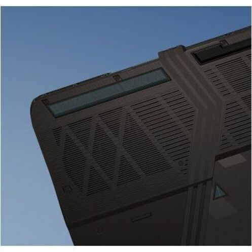 Black metal rack against a blue sky