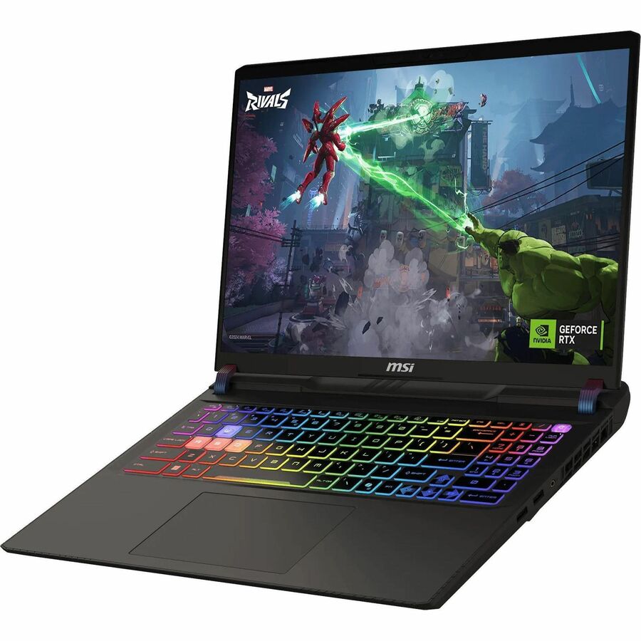 Gaming laptop with colorful keyboard and screen displaying a game.