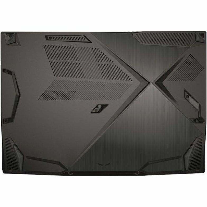 Back view of a black gaming laptop with geometric design on a white background