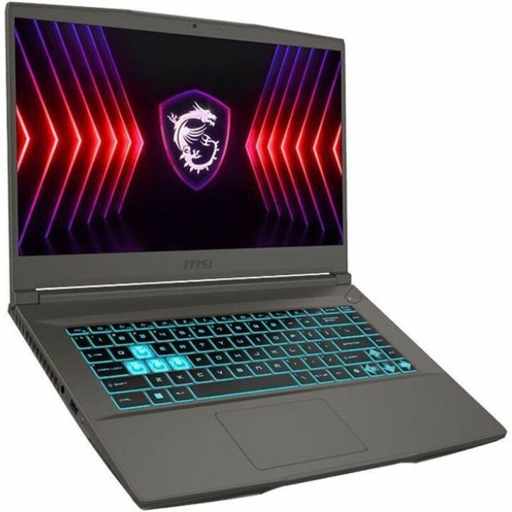 Gaming laptop with illuminated keyboard and MSI logo on a white background