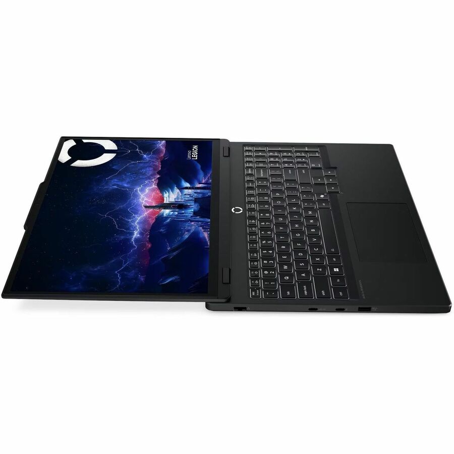 Black laptop with open screen displaying colorful graphics on a white background