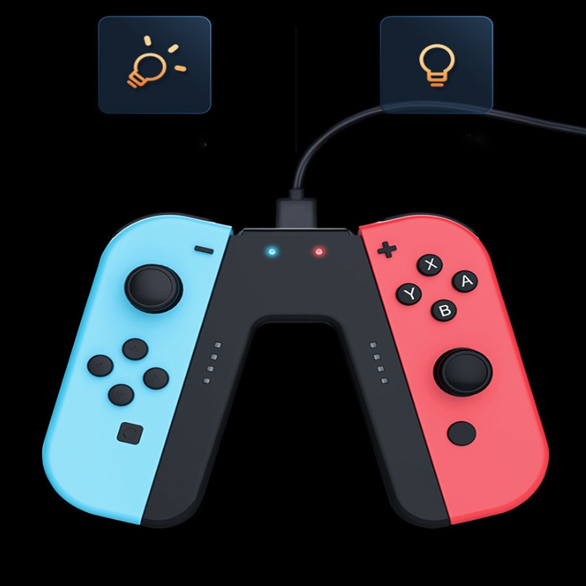 Blue and red gaming controllers with a black base on a black background