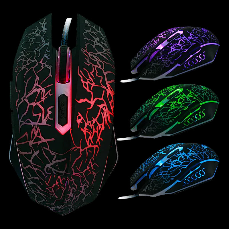 Set of four gaming mice with colorful LED lighting on a white background