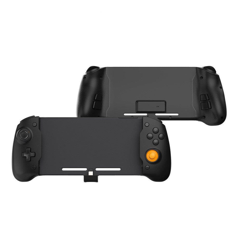 Black handheld gaming console with controller on a white background