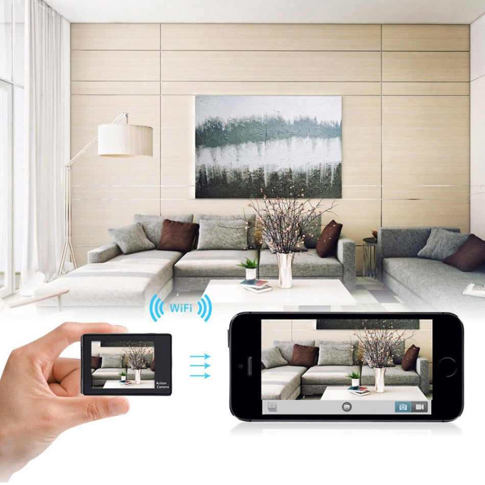Smart home device showing a live feed of a living room on a smartphone.
