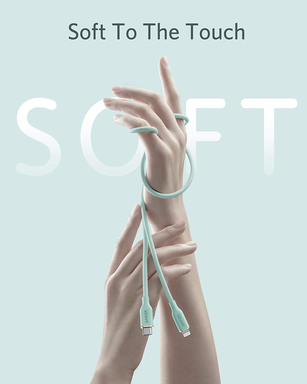 Light blue charging cable held by hands with 'Soft To The Touch' text on a light gray background