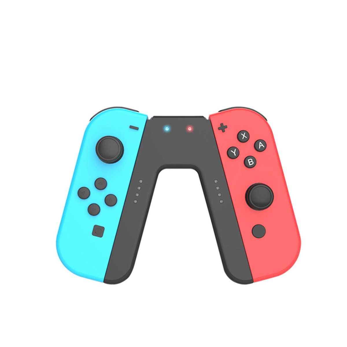 Pair of Nintendo Switch Joy-Con controllers in blue, black, and red on a white background