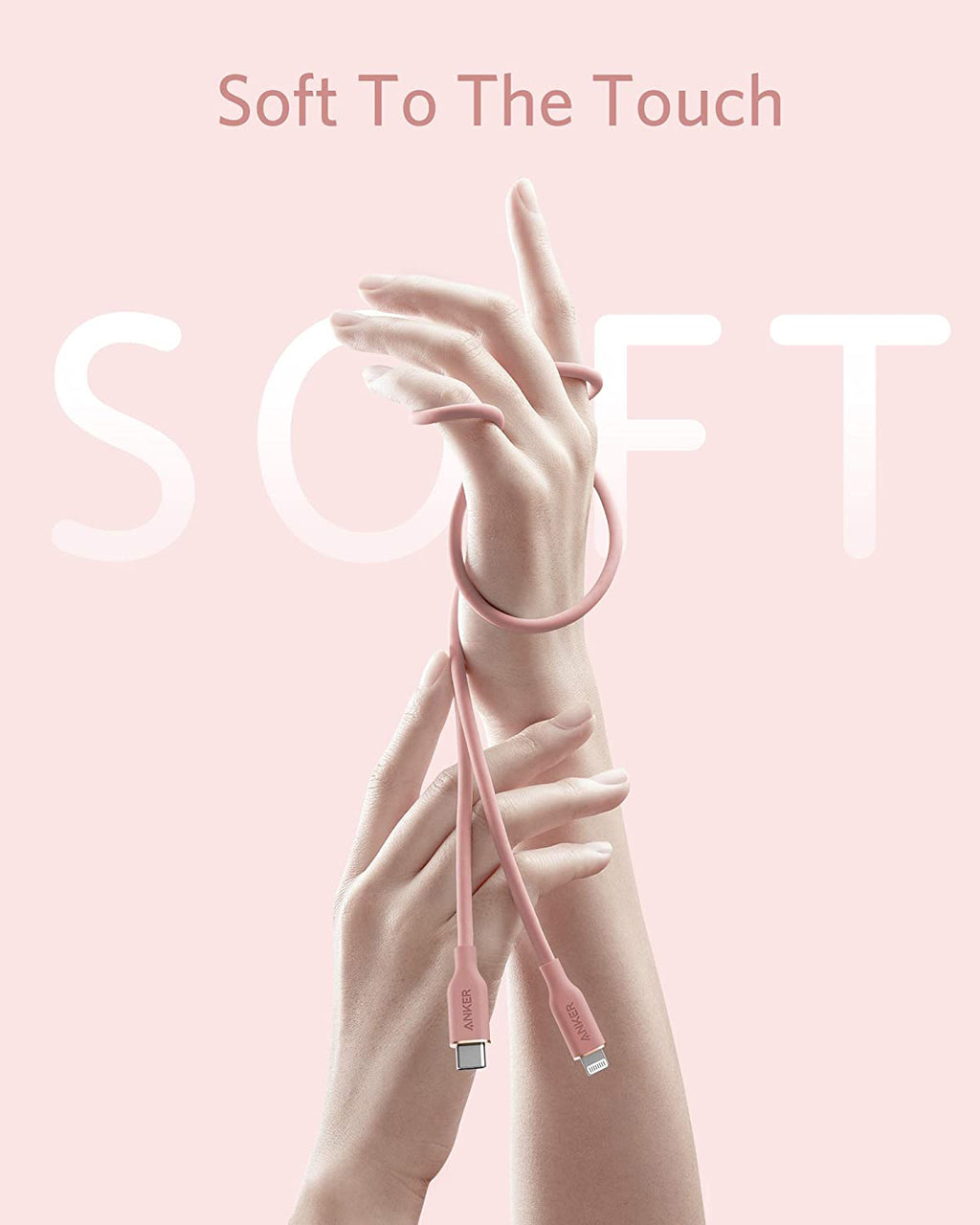 Pink charging cable held by hands with 'Soft To The Touch' text on a pink background