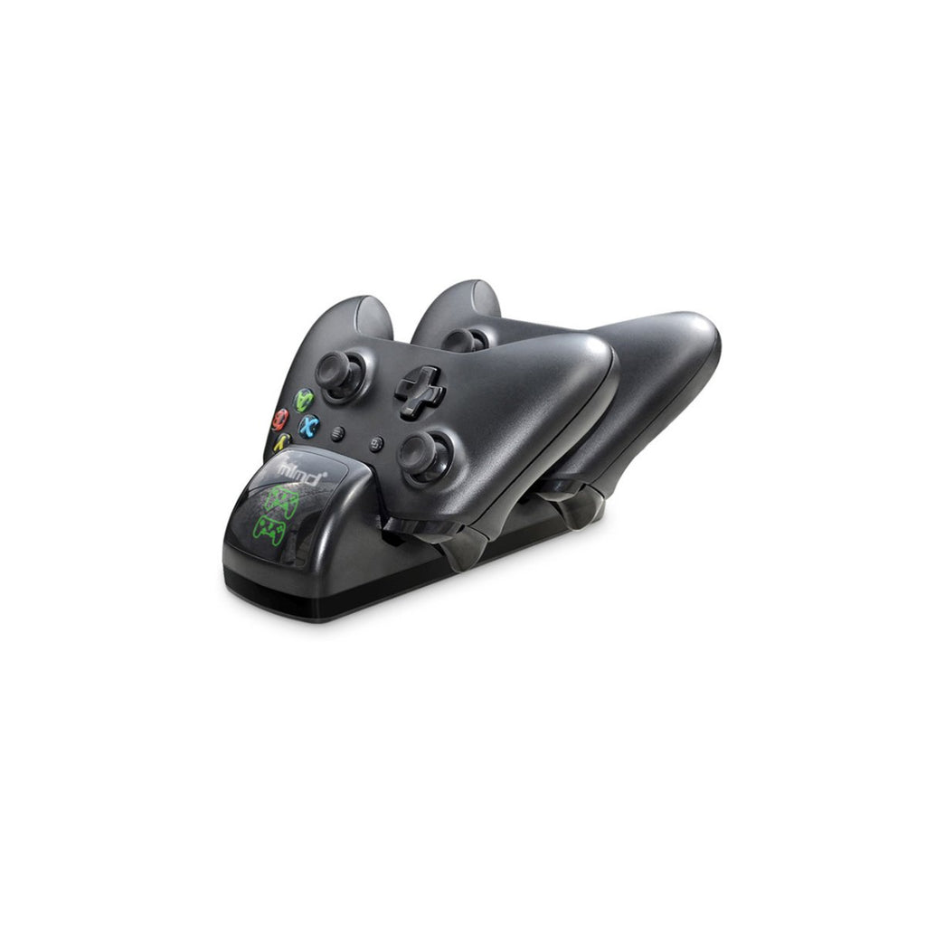 Black gaming controller on a white background