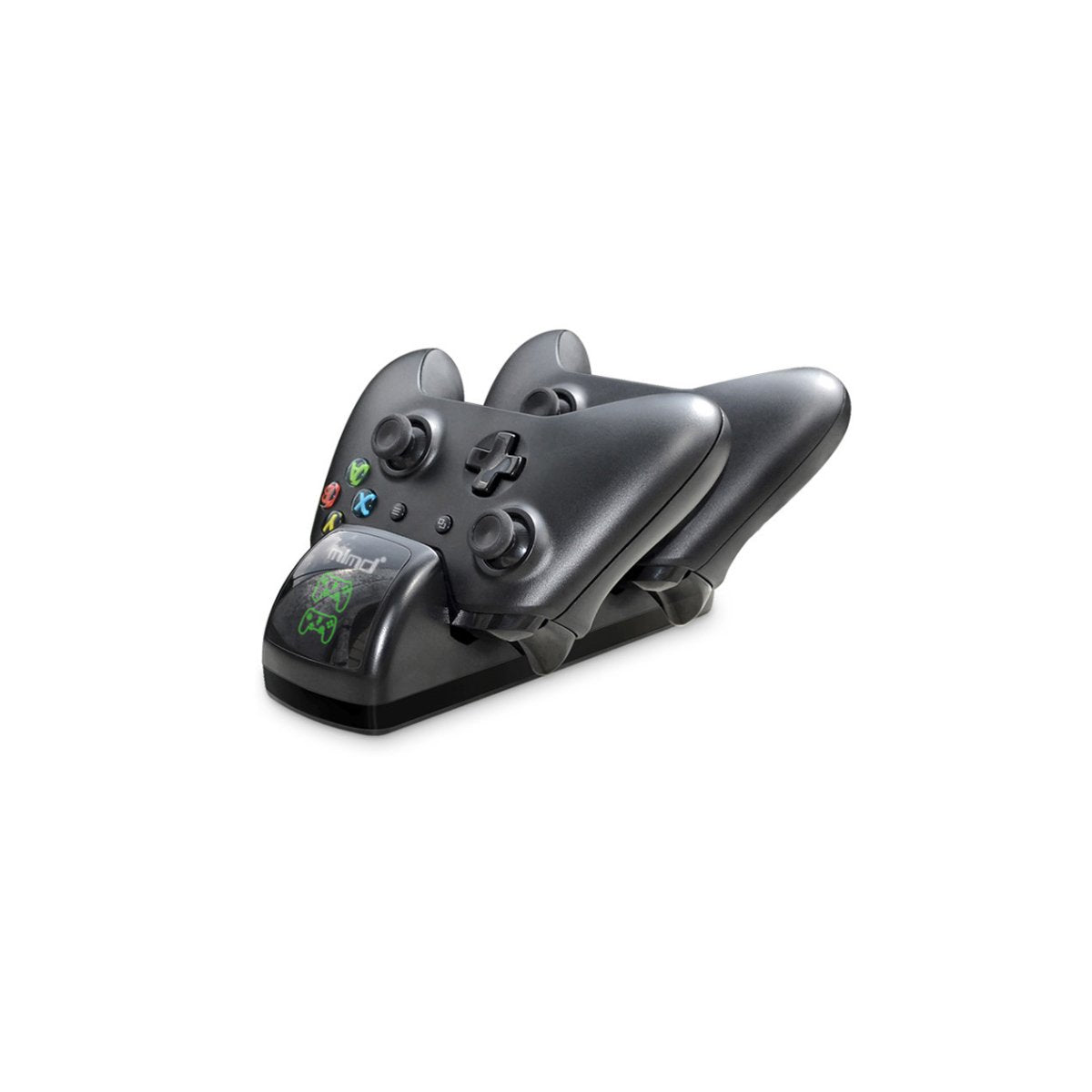 Black gaming controller on a white background