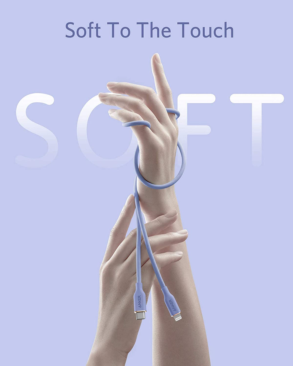 Hands holding a blue cable with 'Soft To The Touch' text on a light purple background