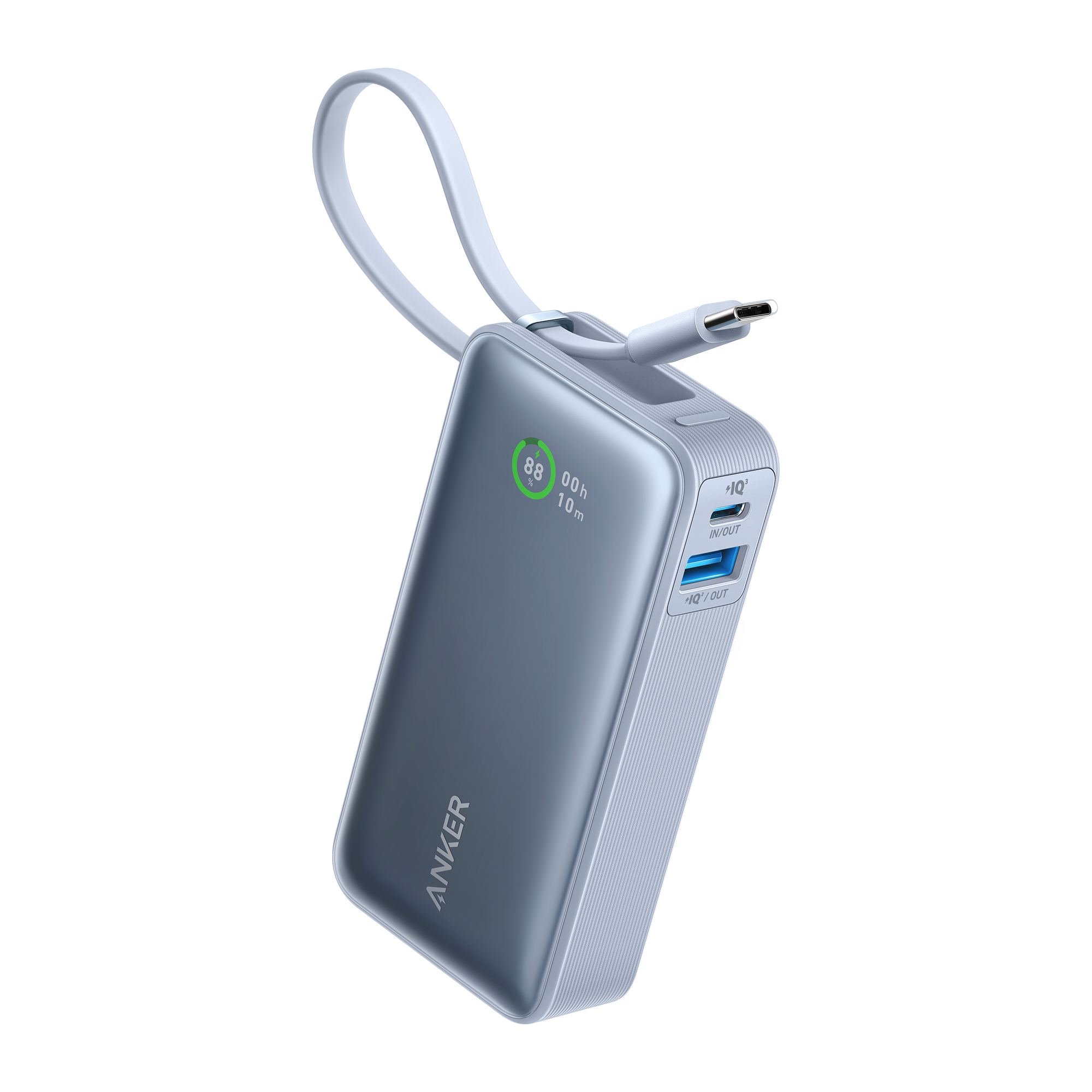 Anker power bank with digital display on a white background