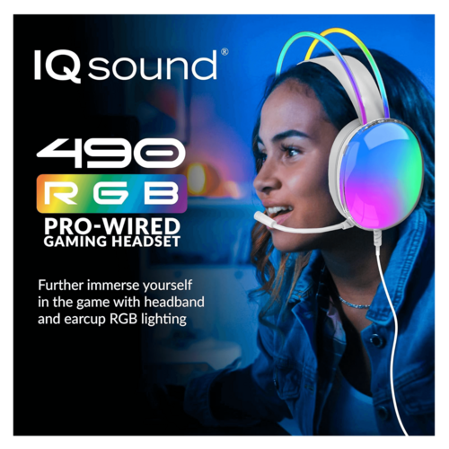 IQ Sound 490 RGB Pro-Wired Gaming Headset with colorful lighting worn by a person, set against a dark background.