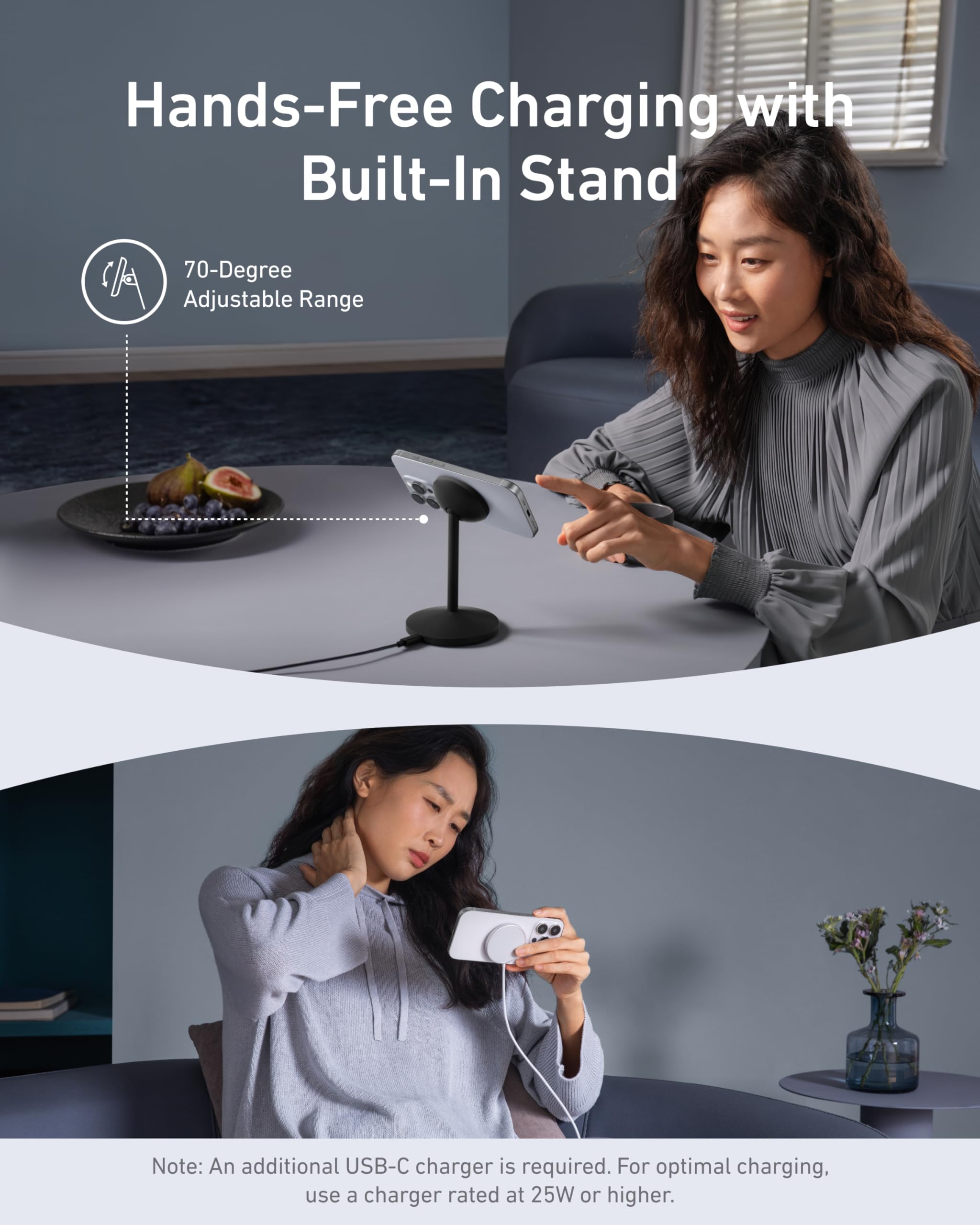 Woman using a phone with a built-in stand in a modern living room setting.