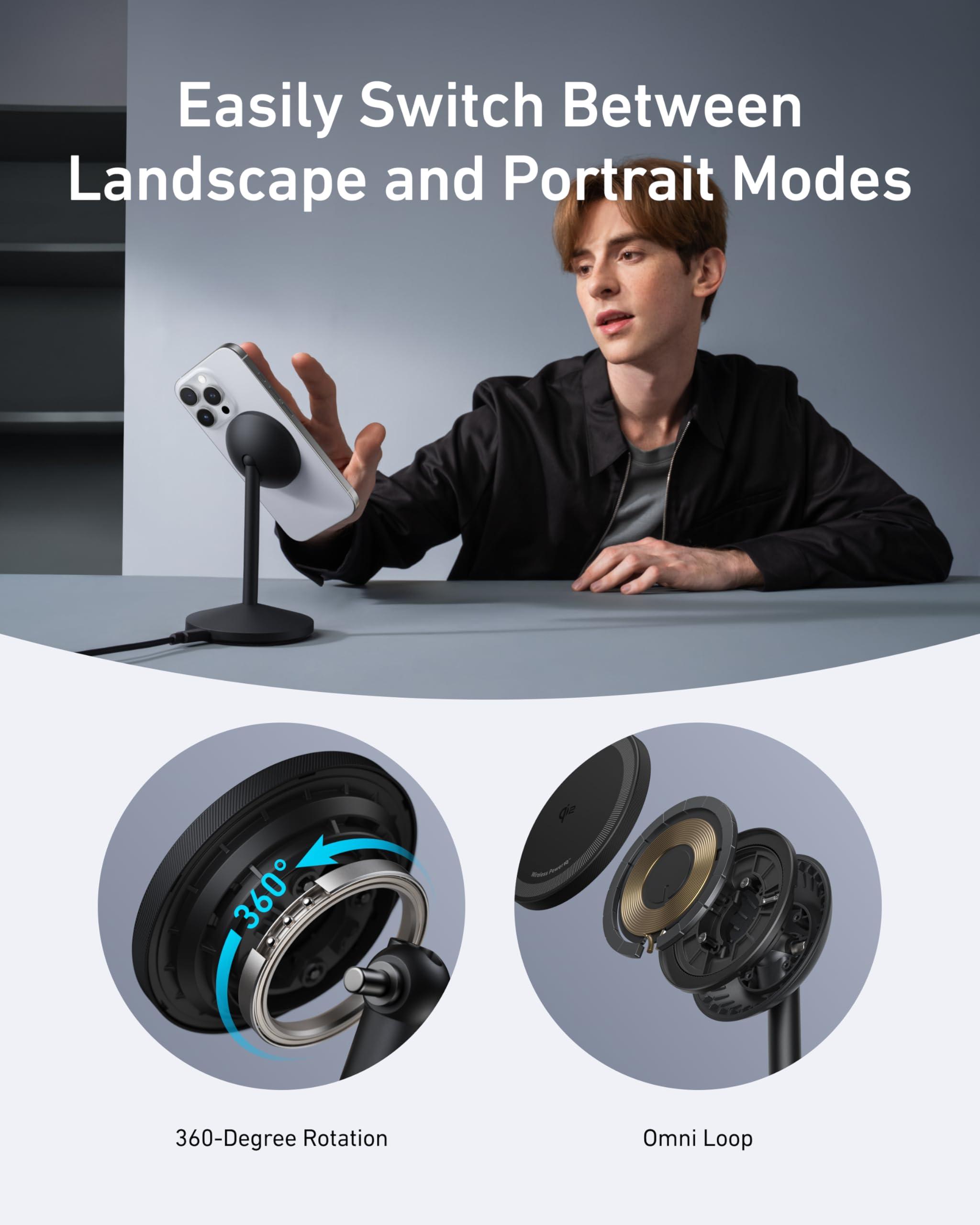 Person using a camera with 360-degree rotation and Omni Loop features, text 'Easily Switch Between Landscape and Portrait Modes'.