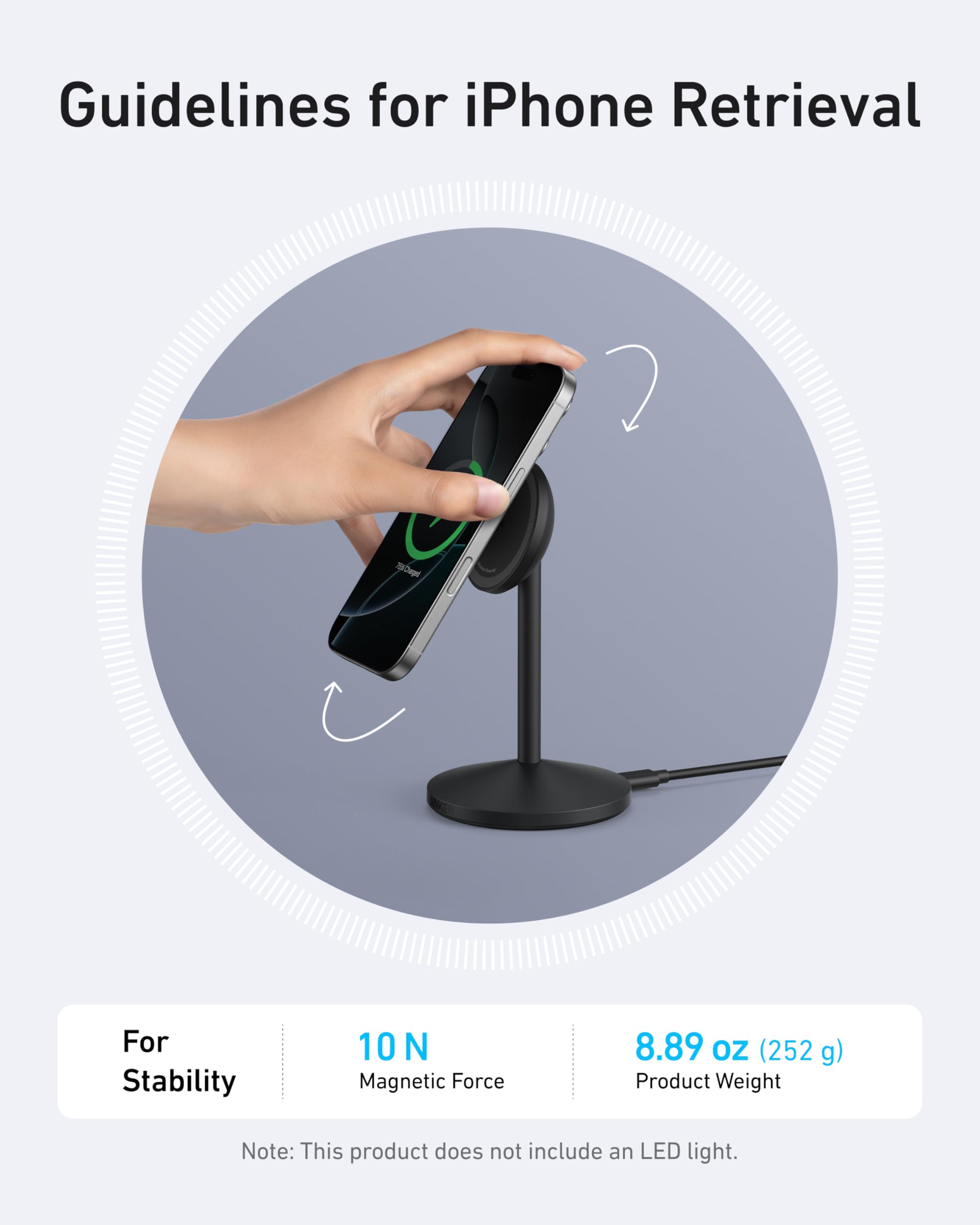 Hand holding a smartphone above a magnetic stand with text on guidelines for iPhone retrieval.