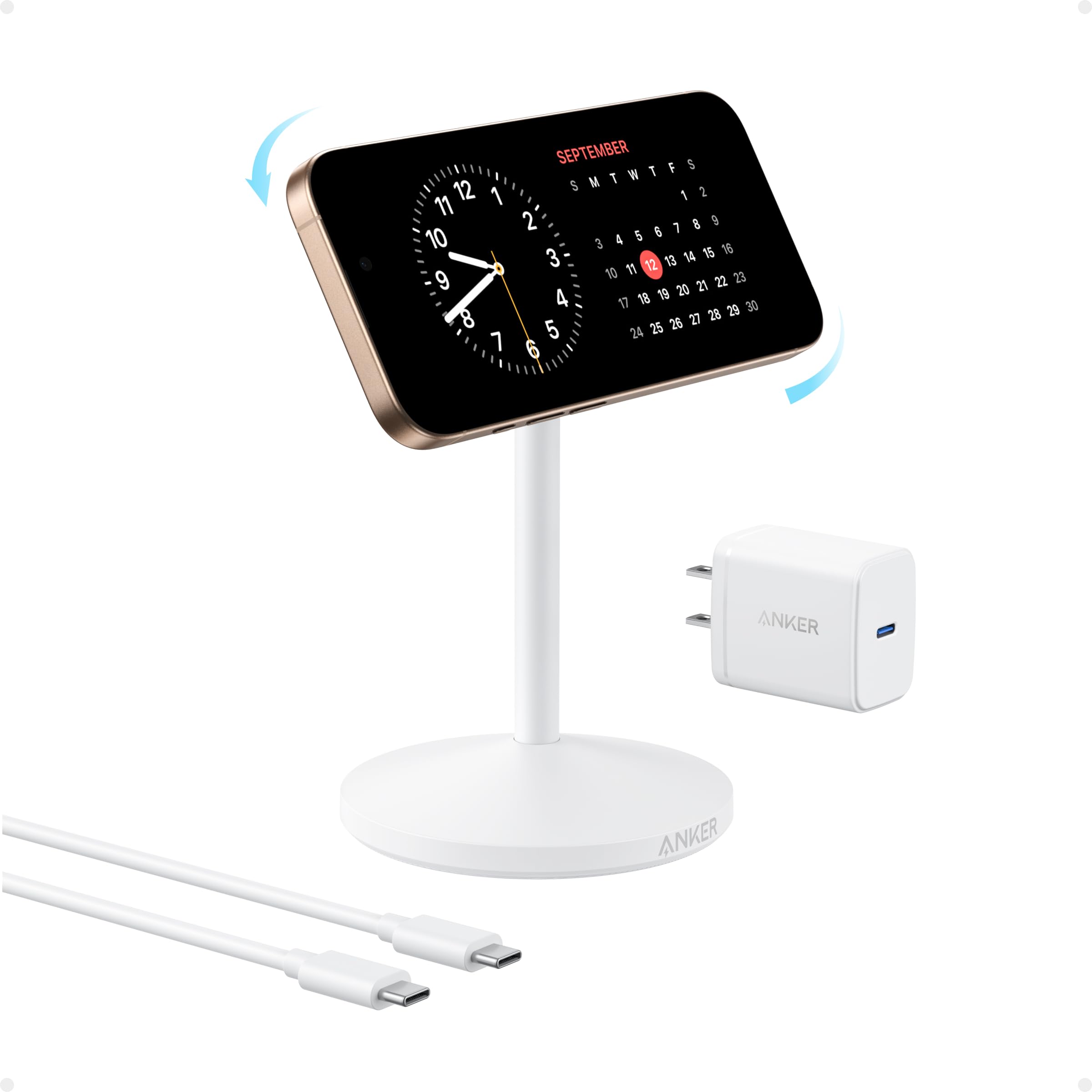 Tablet stand with clock and calendar display, power adapter, and cable on a white background