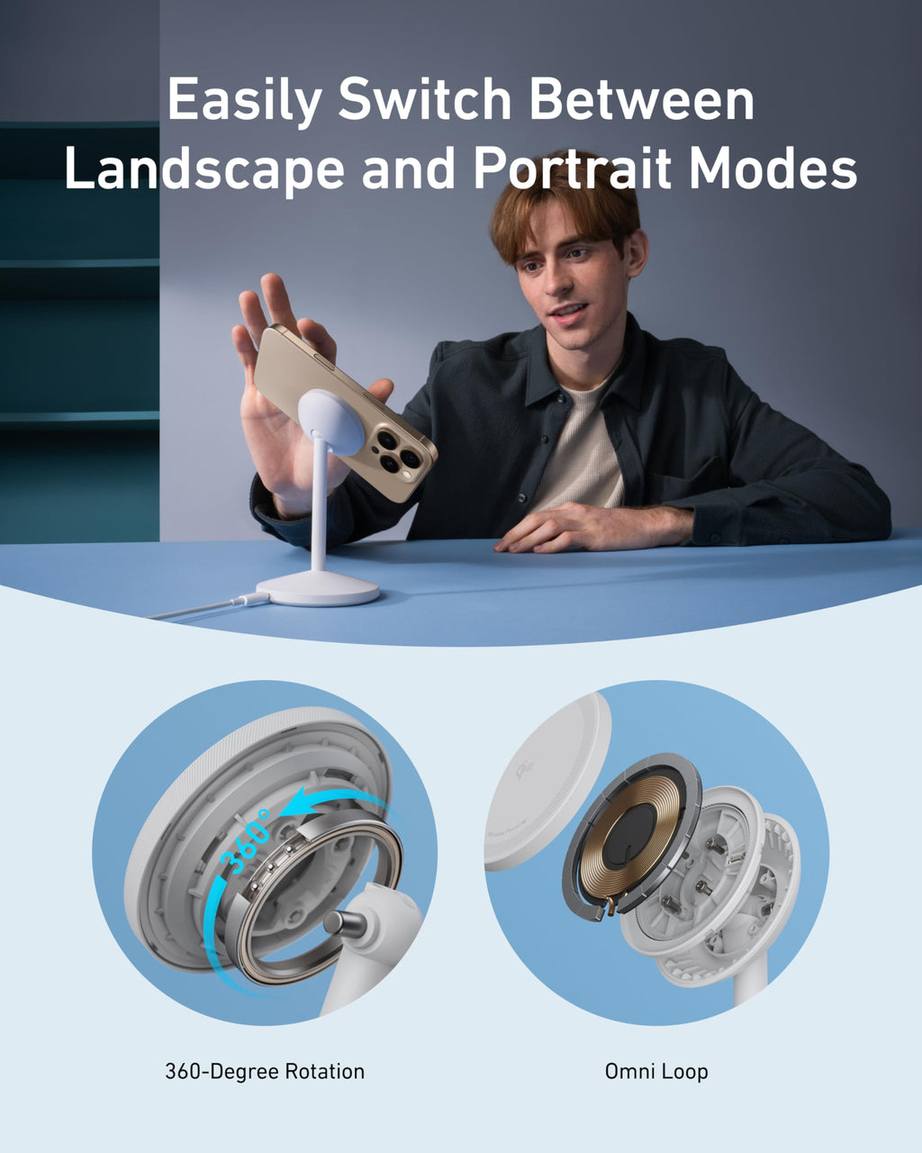 Person using a device with 360-degree rotation and Omni Loop features, text 'Easily Switch Between Landscape and Portrait Modes'.