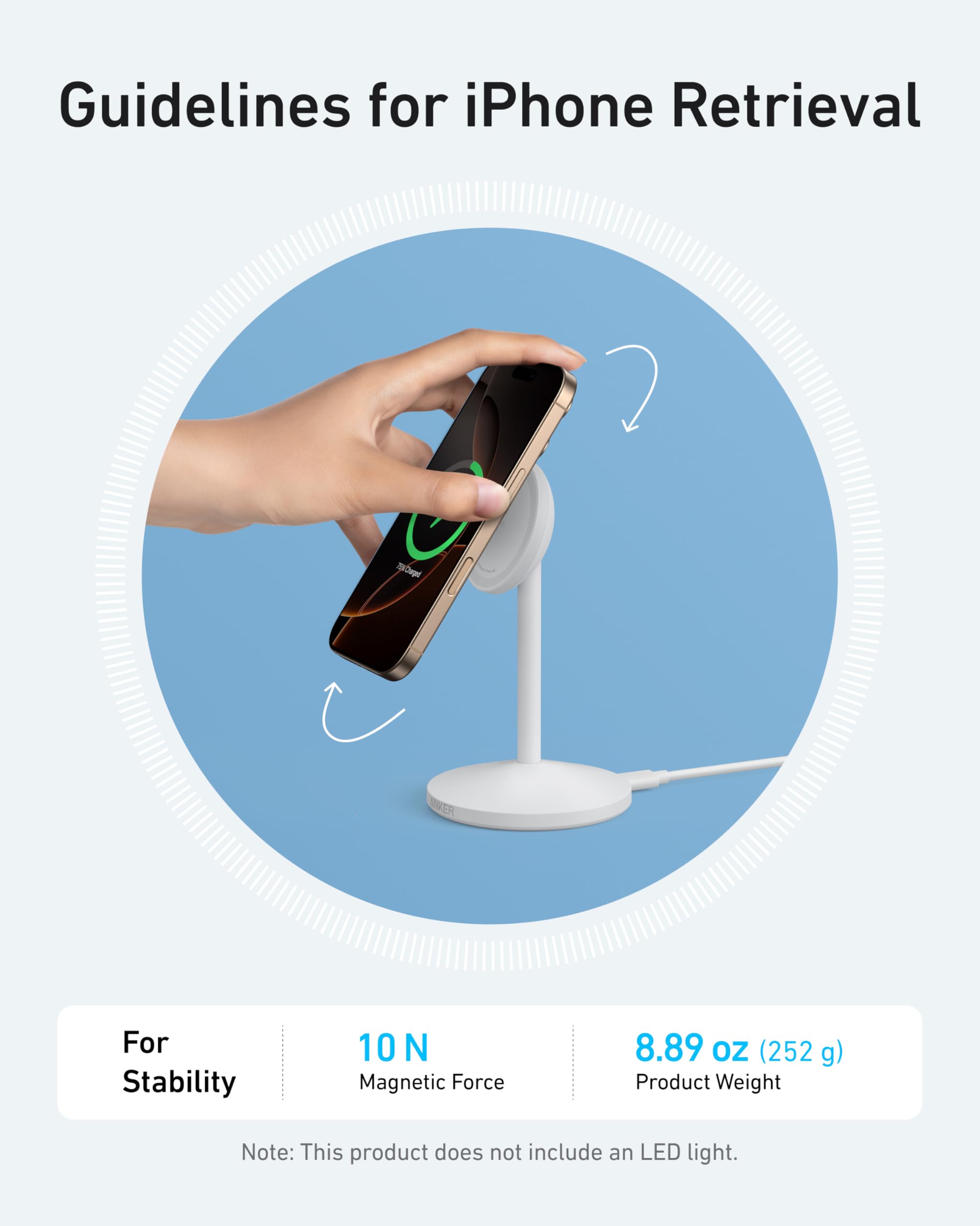 Hand using a magnetic phone retrieval tool with text on stability guidelines and product details.