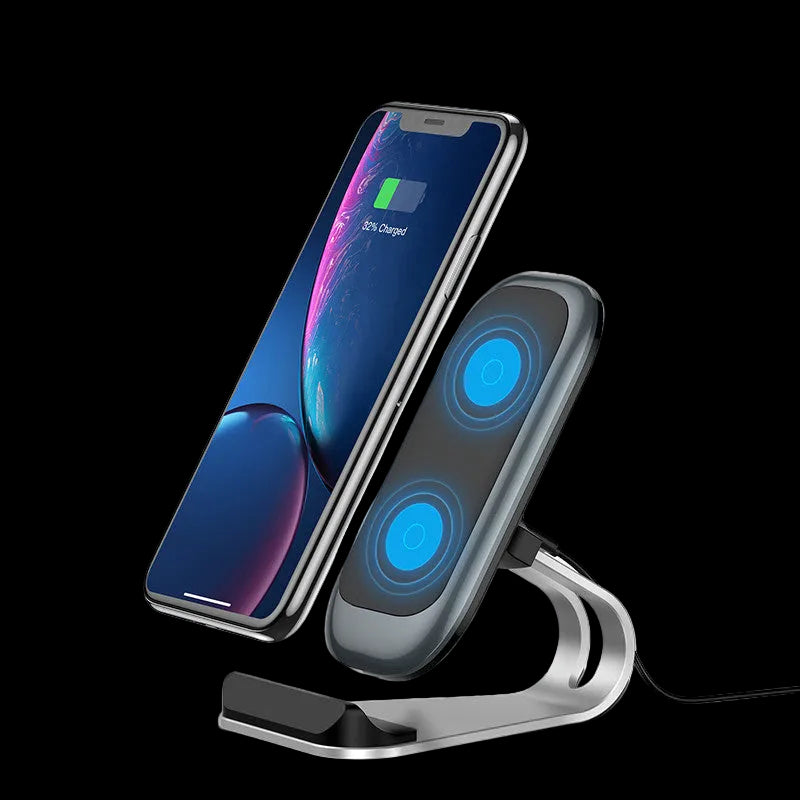 Wireless charging stand with smartphone on a white background