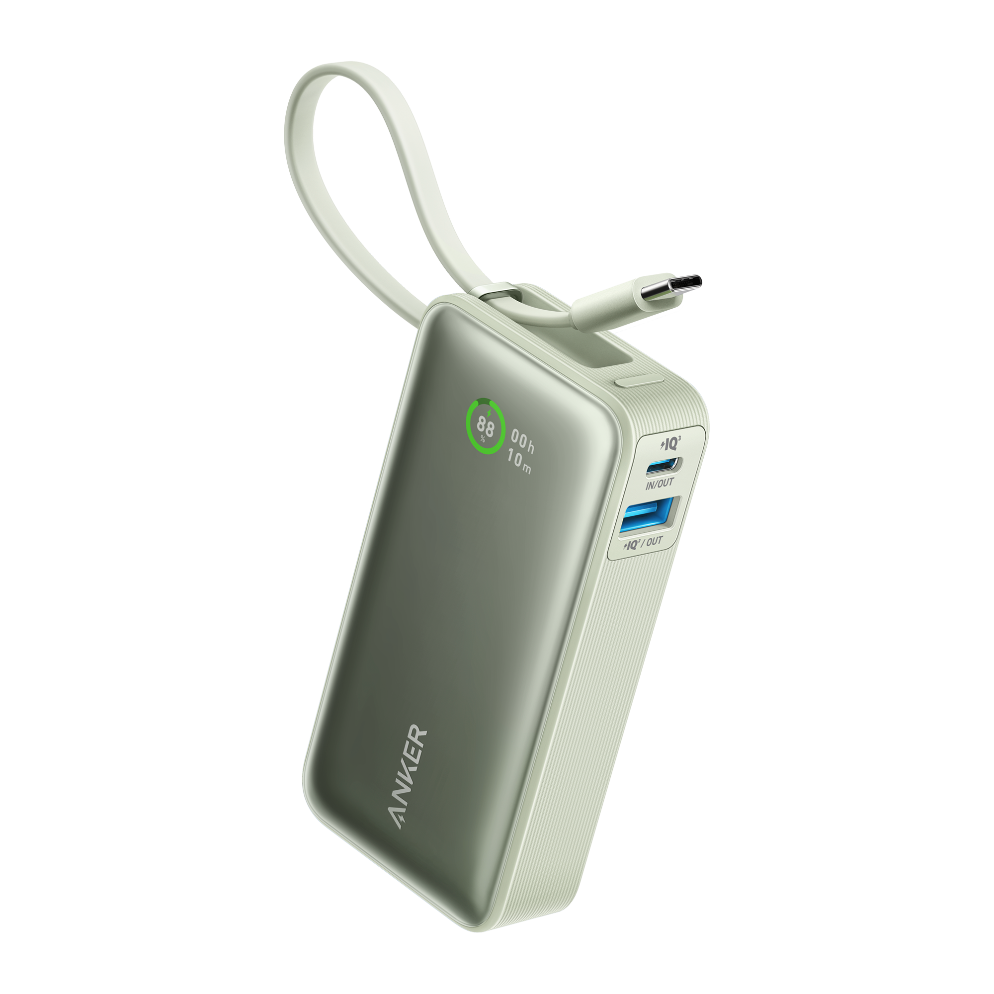 Anker power bank with digital display on a white background