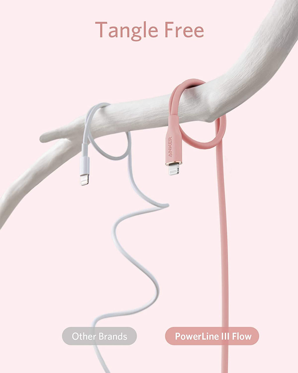 Two cables, one labeled 'Other Brands' and the other 'PowerLine III Flow', draped over a branch with 'Tangle Free' text above.