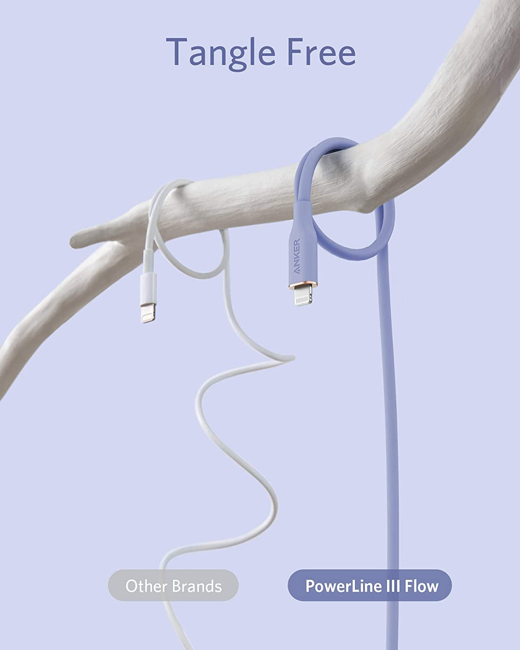 Tangle-free cable on a branch with 'Other Brands' and 'PowerLine III Flow' labels.