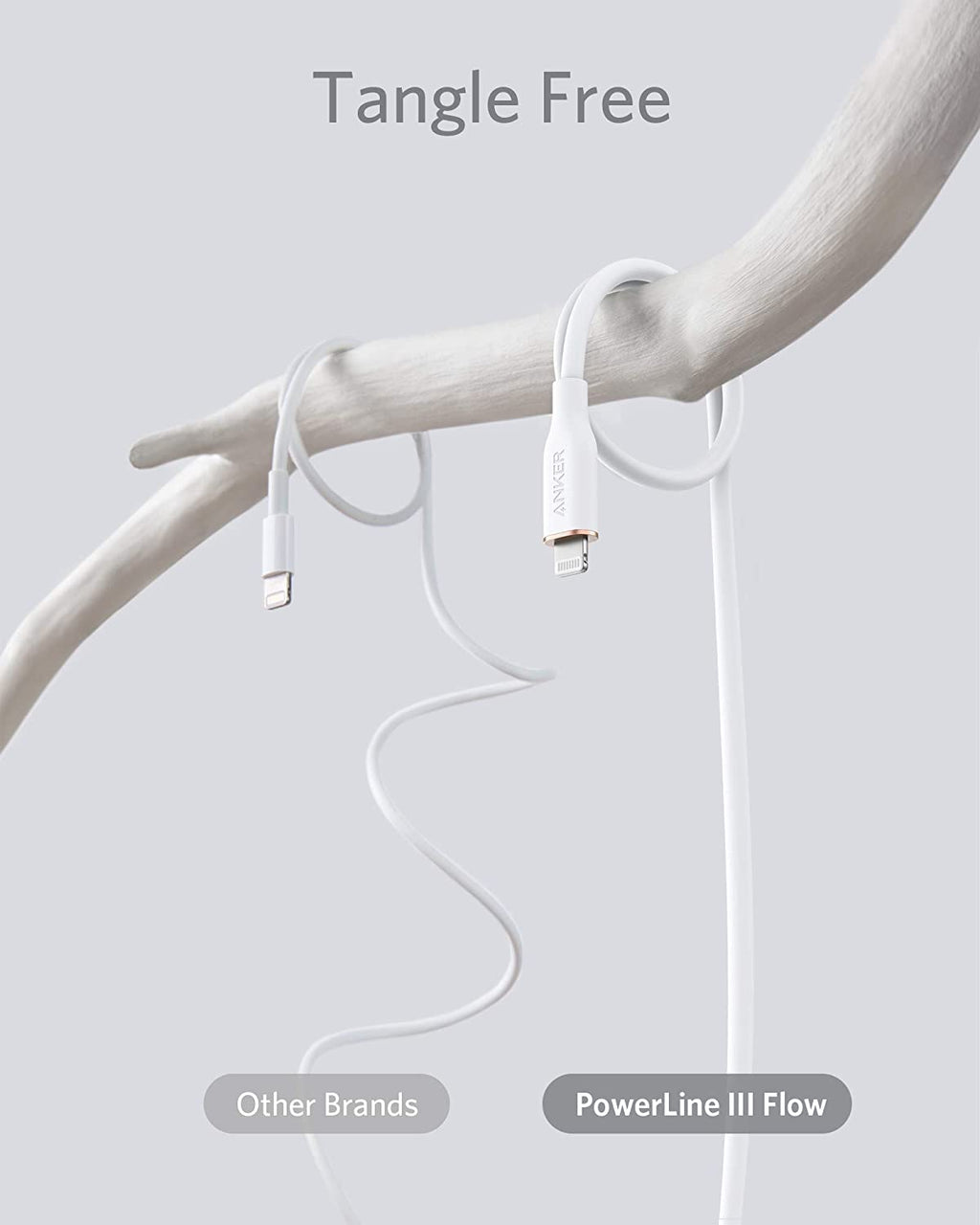 White cable with gold connector on a branch against a light gray background, labeled 'Tangle Free'.