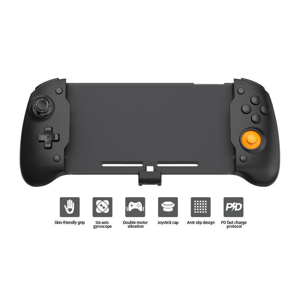 Black gaming controller with features listed on a white background