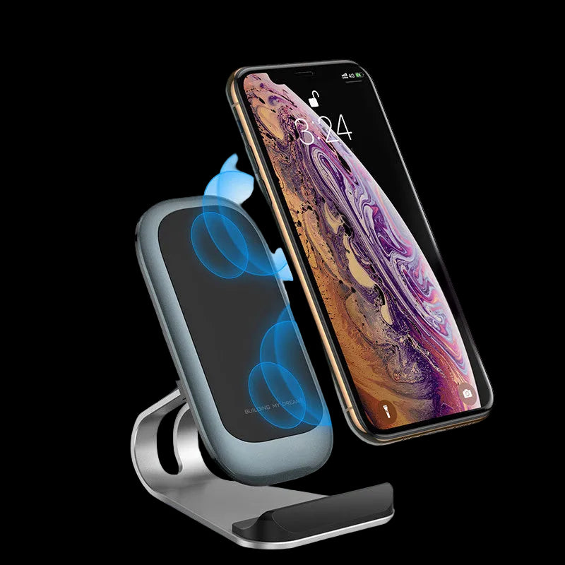 Wireless charging stand with a smartphone on a white background
