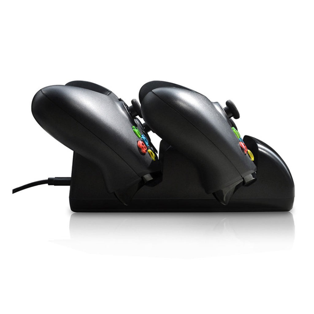 Black gaming controller charging station with two controllers on a white background