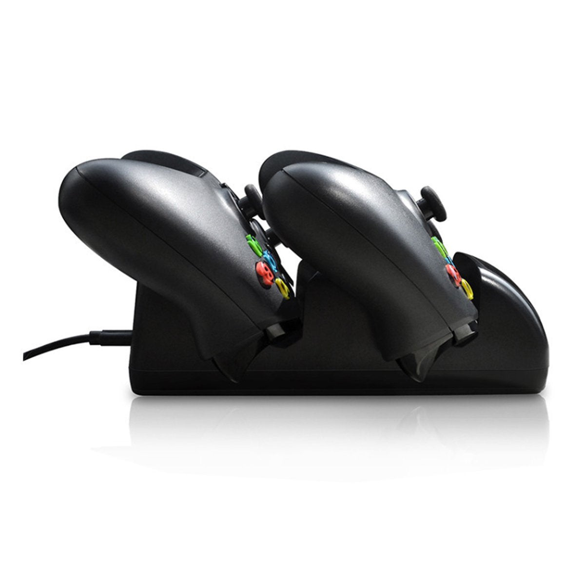 Black gaming controller charging station with two controllers on a white background