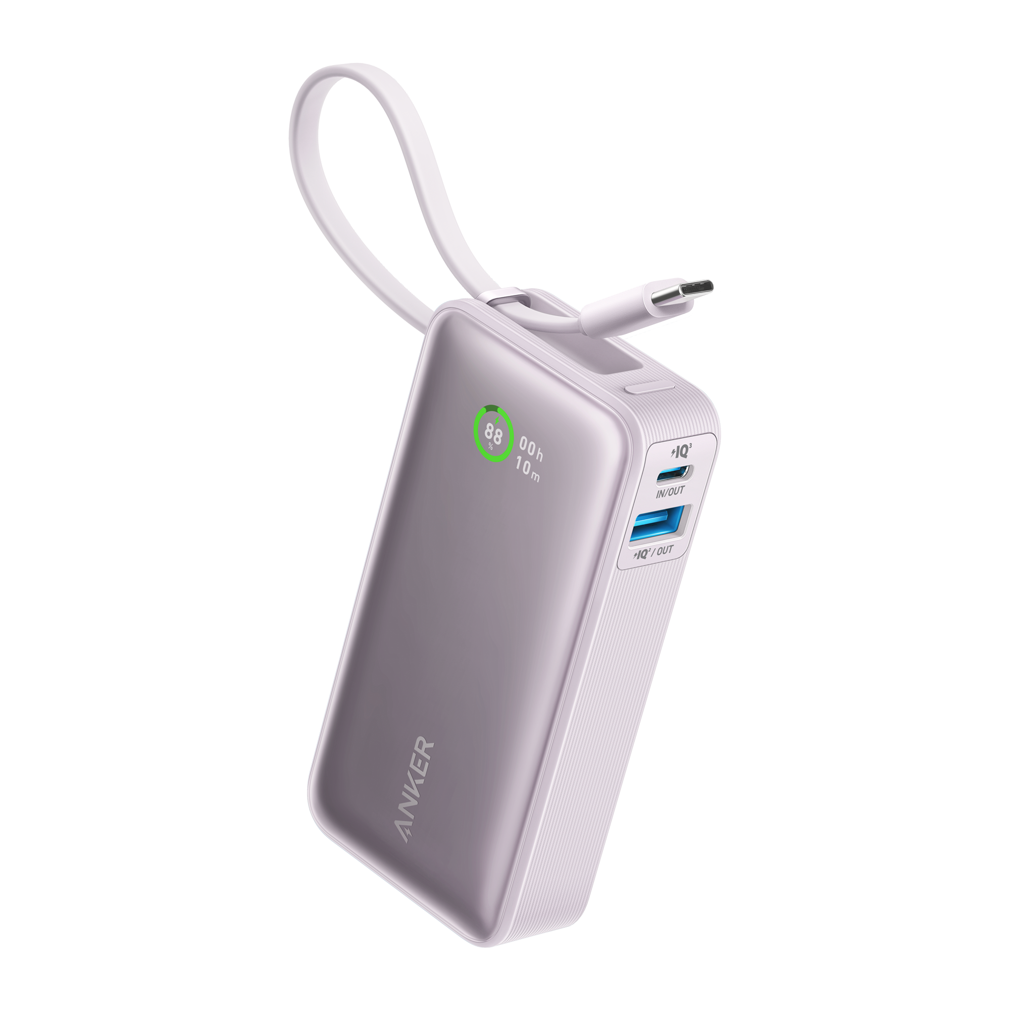 Anker power bank with digital display on a white background