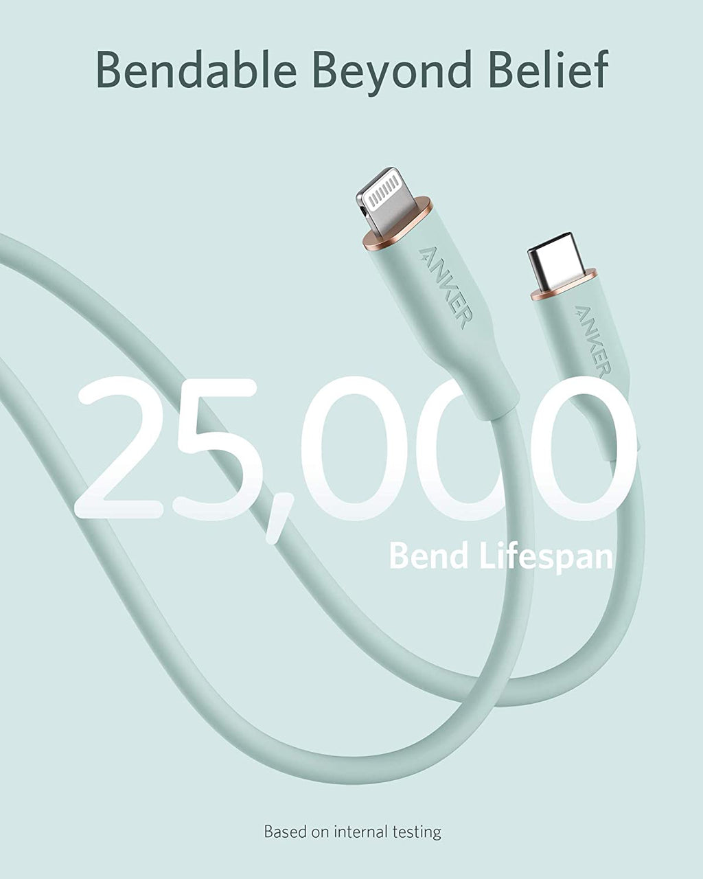 Anker cable with text 'Bendable Beyond Belief' and '25,000 Bend Lifespan' on a light blue background