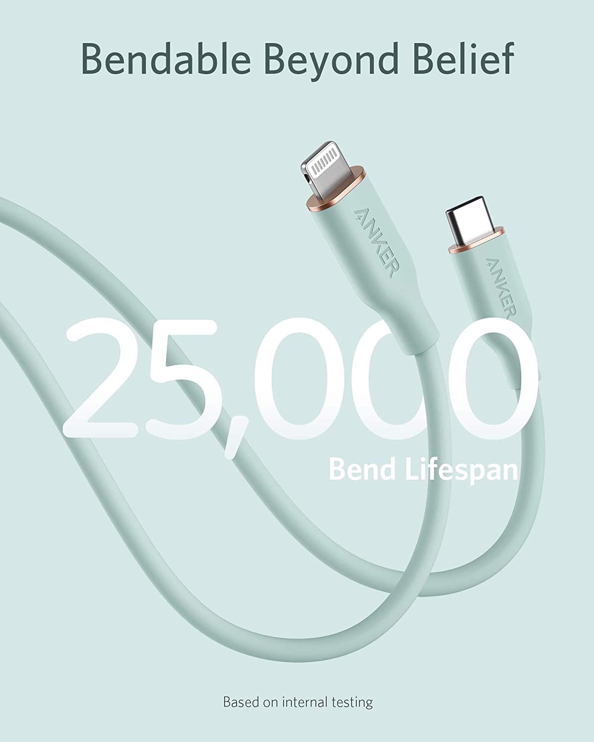 Anker cable with text 'Bendable Beyond Belief' and '25,000 Bend Lifespan' on a light blue background