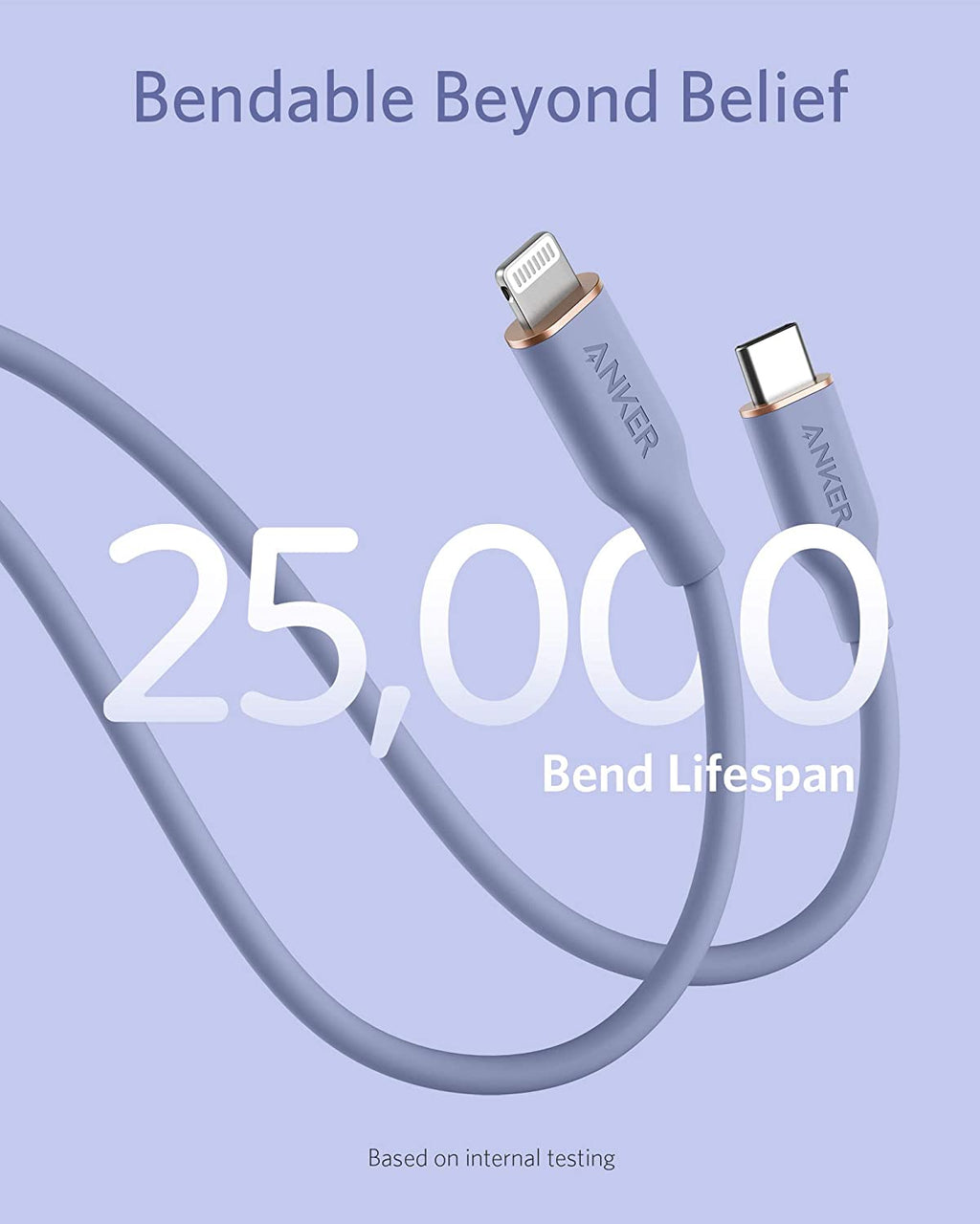 Anker cable with 'Bendable Beyond Belief' text and '25,000 Bend Lifespan' on a light purple background