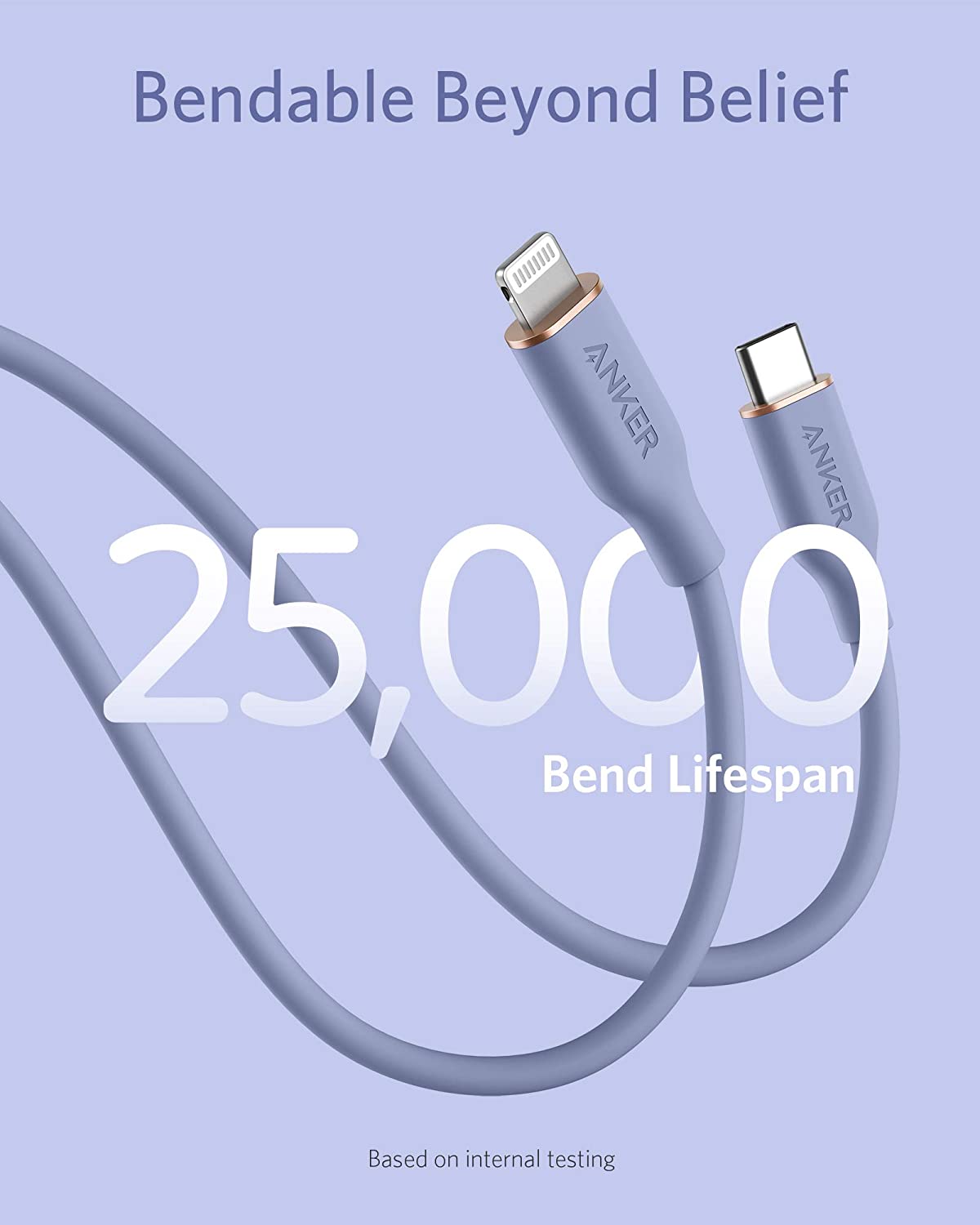 Anker cable with 'Bendable Beyond Belief' text and '25,000 Bend Lifespan' on a light purple background