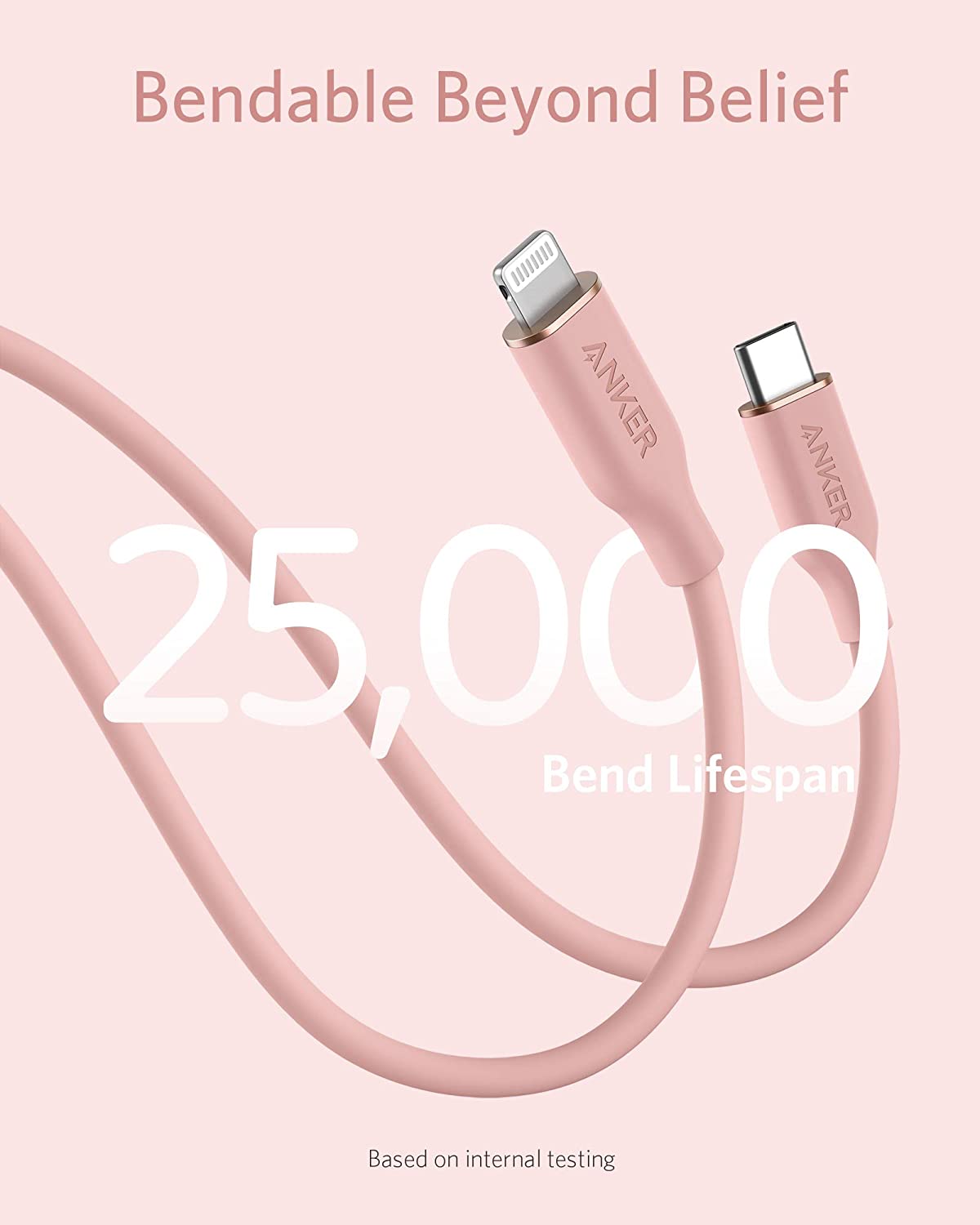 Anker bendable cable with 'Bendable Beyond Belief' text and '25,000 Bend Lifespan' on a pink background