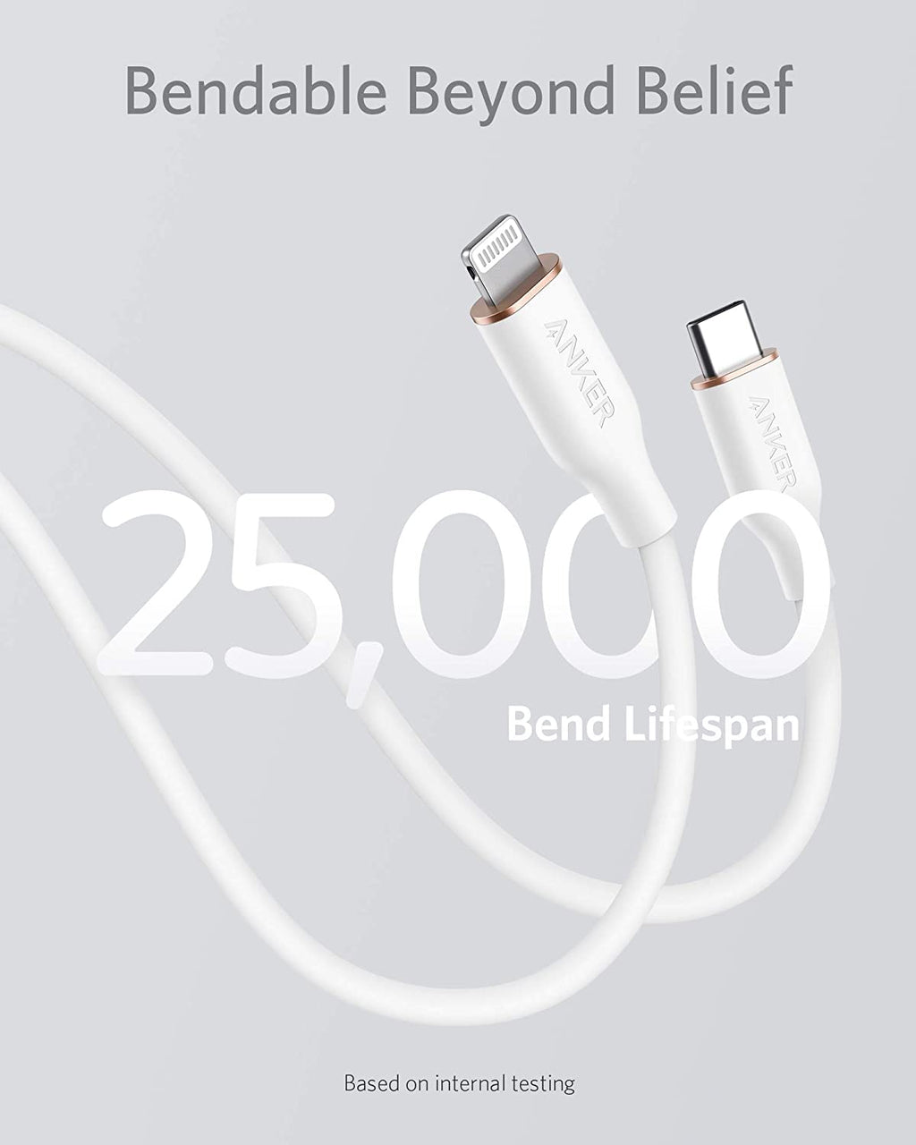 White cable with USB-C and Lightning connectors on a light gray background, featuring the brand 'Anker'.