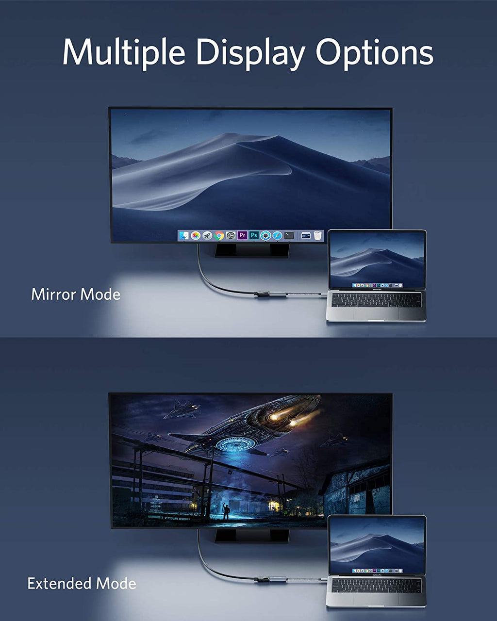 Two display modes shown with a laptop connected to a monitor, one in mirror mode and the other in extended mode.