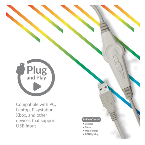 USB audio cable with control buttons on a white background with colorful diagonal stripes.