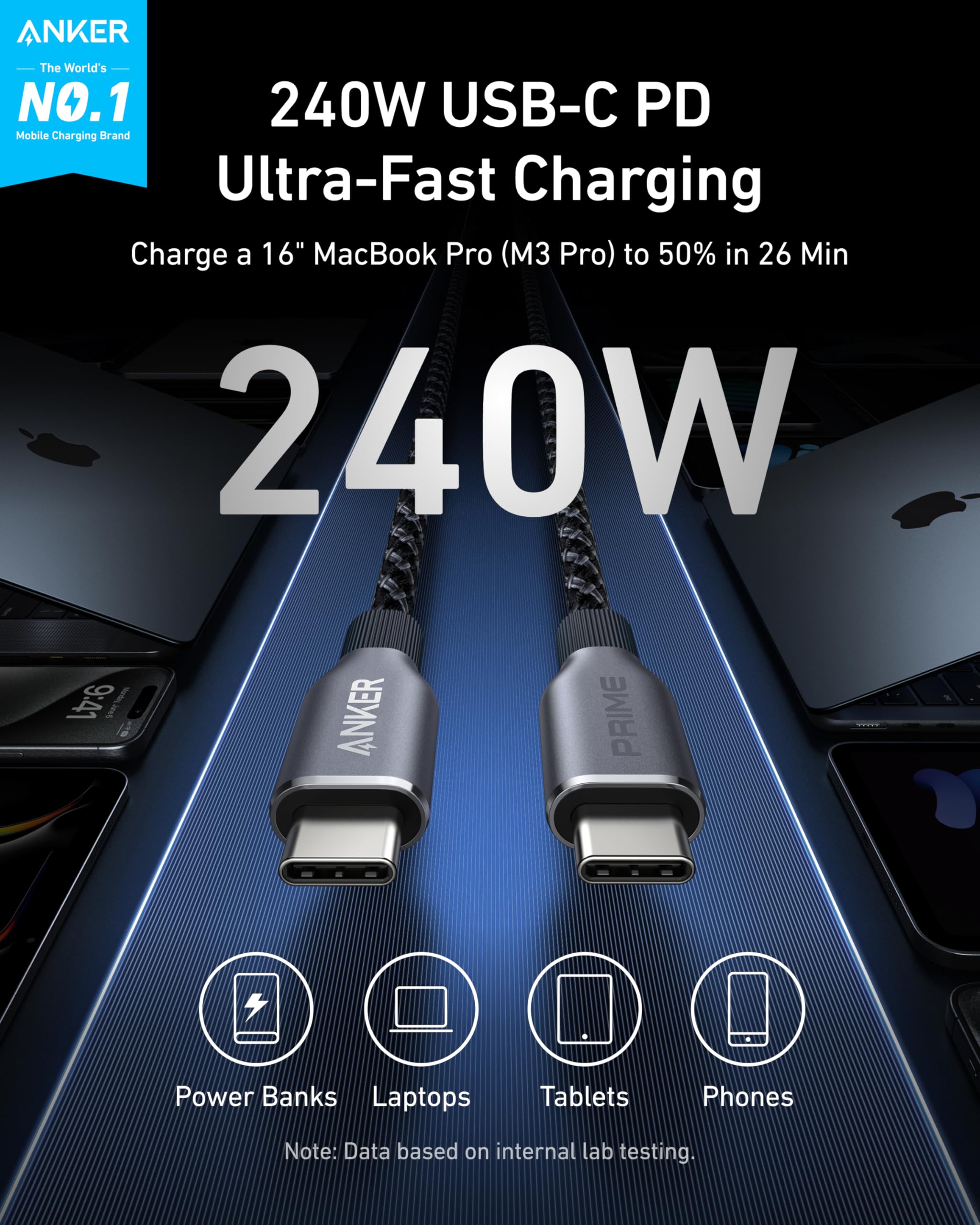 Anker USB-C PD charging cable with MacBook Pro in the background, highlighting 240W charging capability.