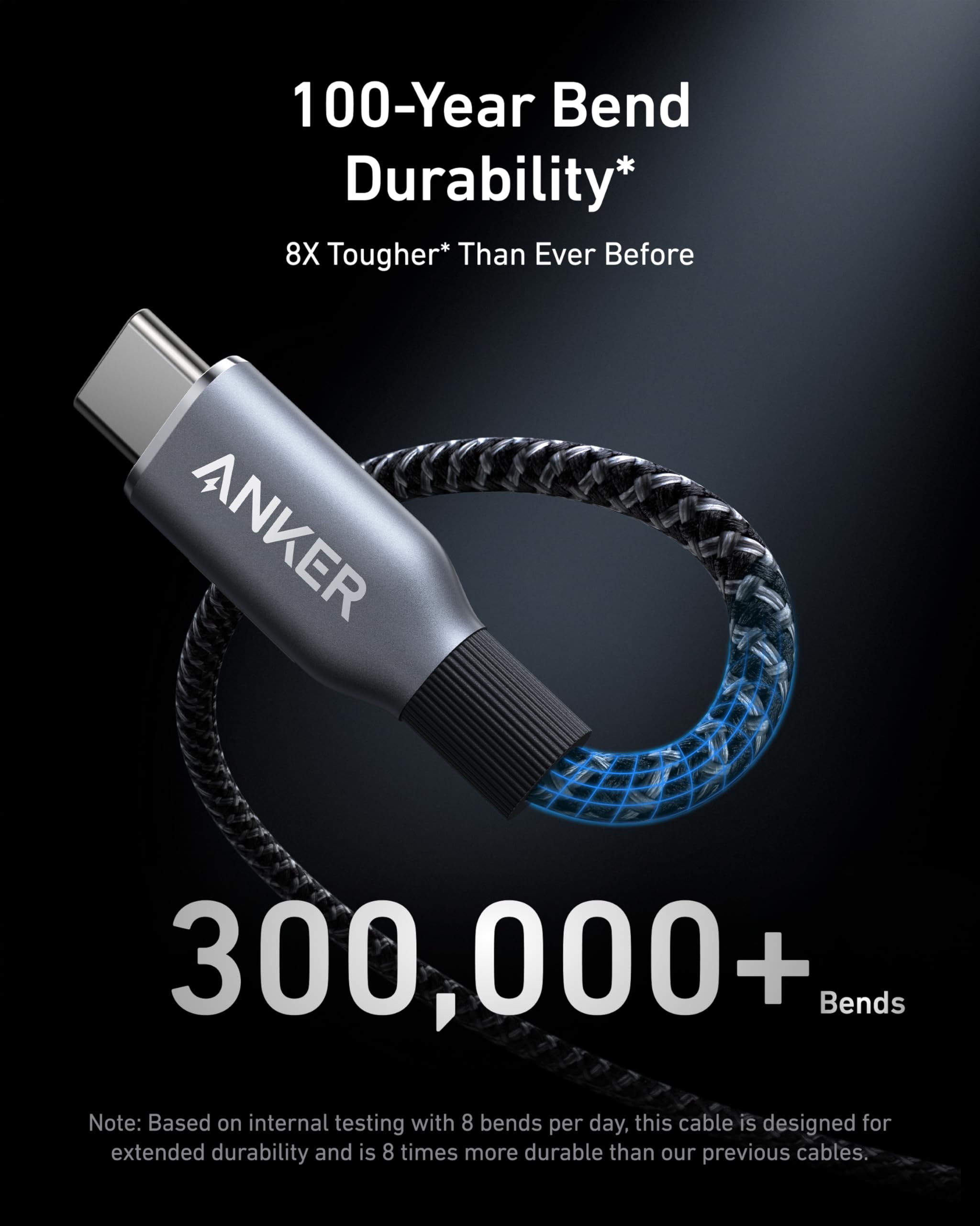 Anker cable with text highlighting durability on a dark background