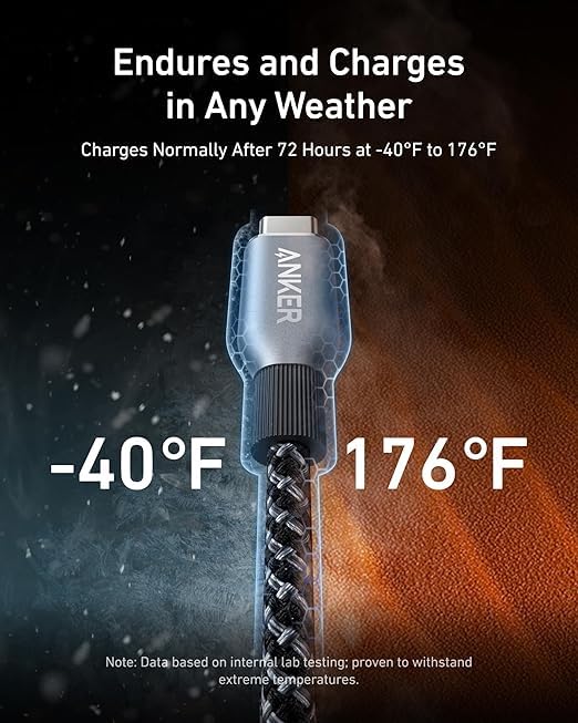 Anker USB cable with temperature resistance features on a dark background