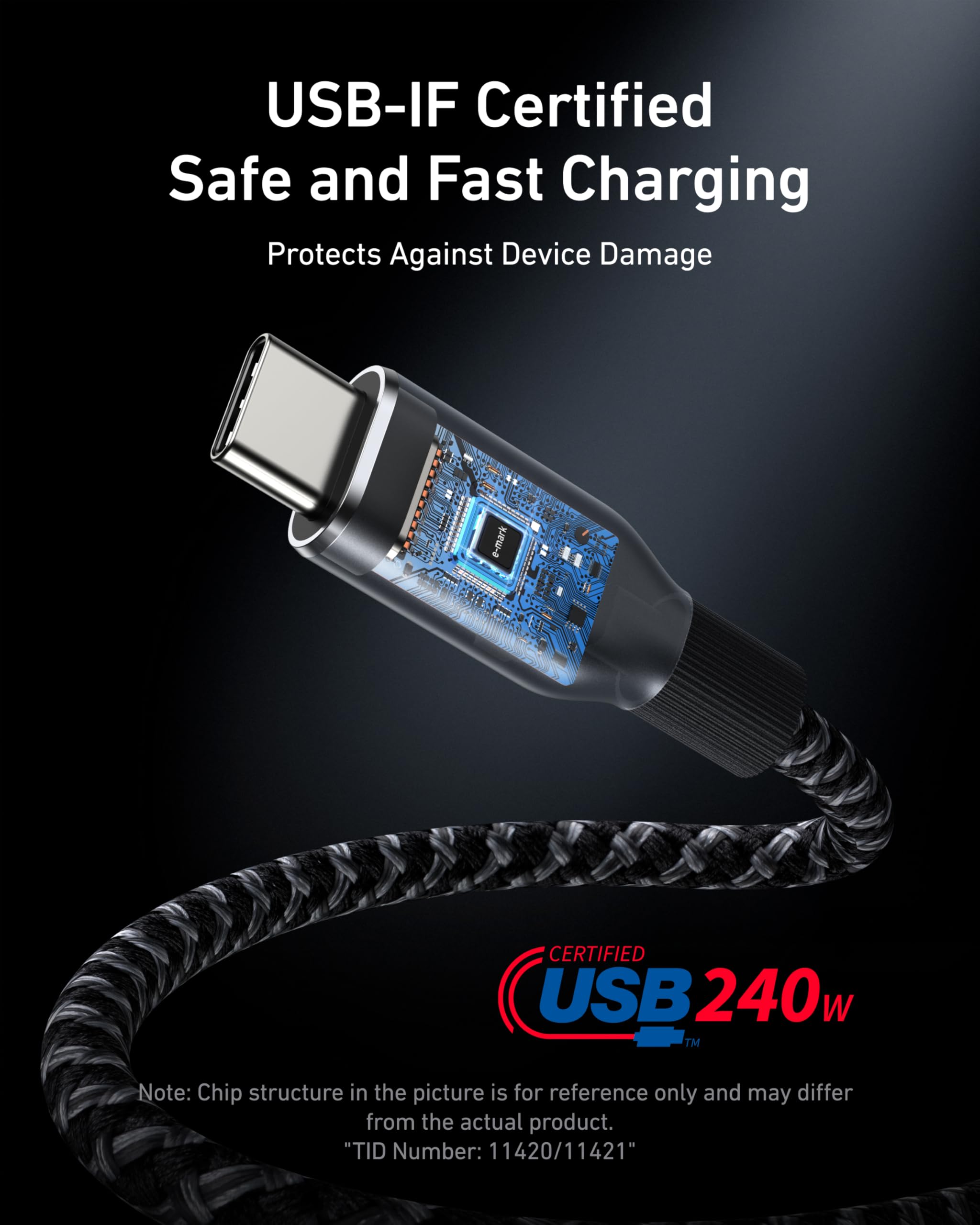 USB cable with certification logo on a dark background